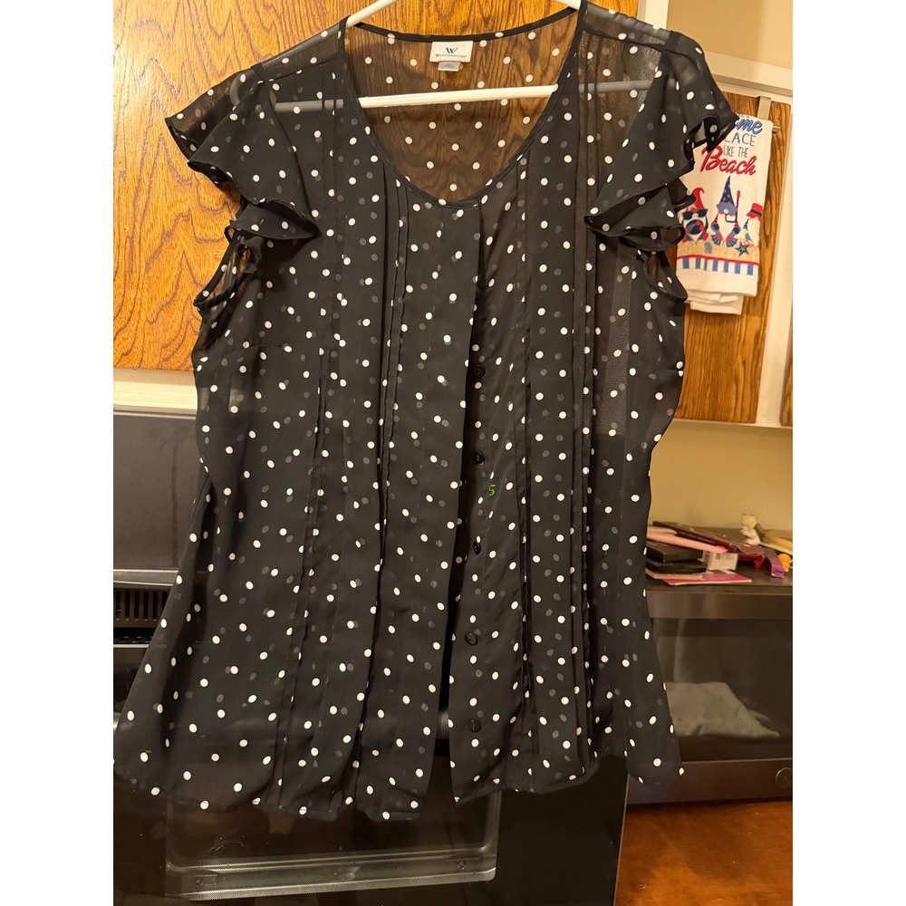 Worthington Womens XL Black Polka Dot Sheer Flutter Sleeve Pleated Blouse Top